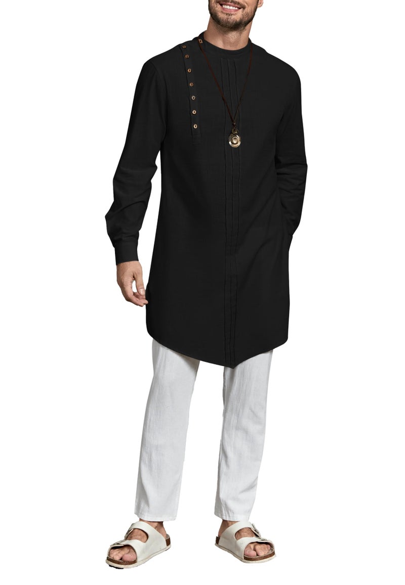 Gafeng Mens Kaftan Thobe Long Sleeve Robe Gown Casual Cotton Linen Button Muslim Shirt Black - Image 4