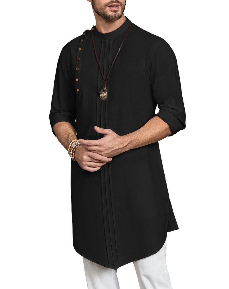 Gafeng Mens Kaftan Thobe Long Sleeve Robe Gown Casual Cotton Linen Button Muslim Shirt Black - Image 3