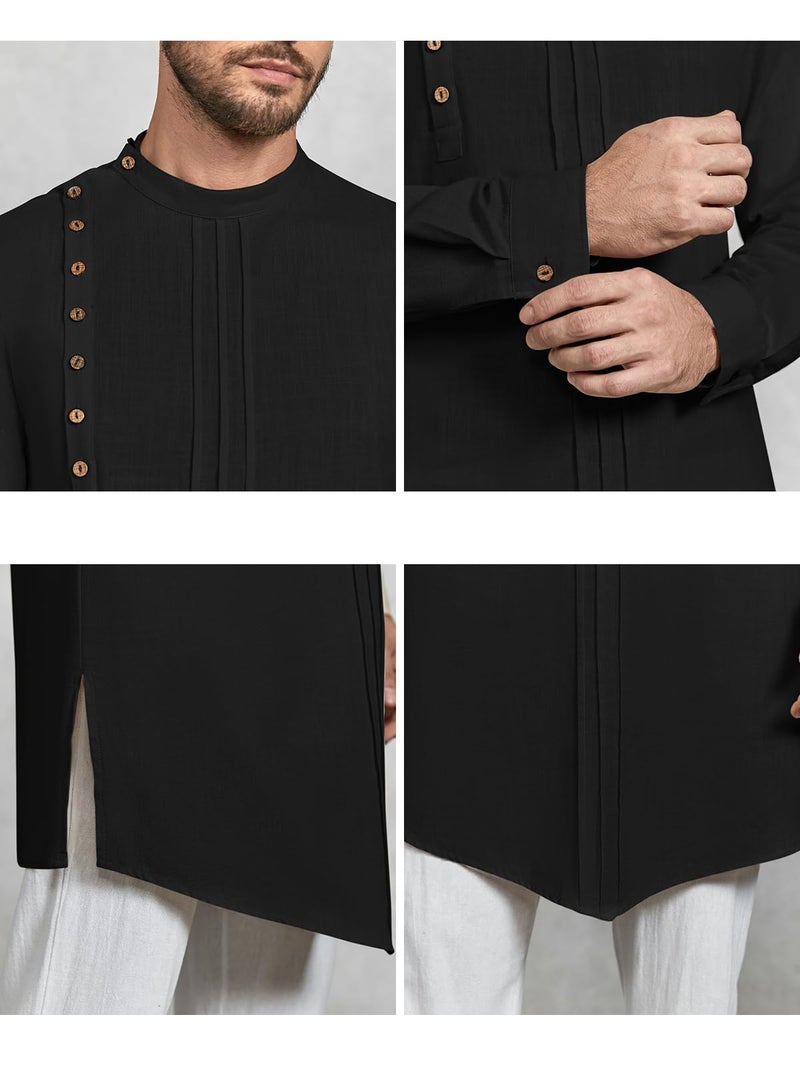 Gafeng Mens Kaftan Thobe Long Sleeve Robe Gown Casual Cotton Linen Button Muslim Shirt Black - Image 5