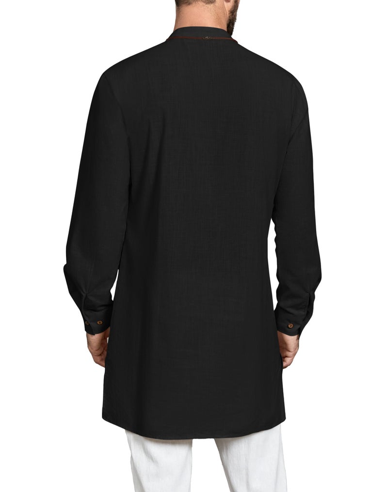 Gafeng Mens Kaftan Thobe Long Sleeve Robe Gown Casual Cotton Linen Button Muslim Shirt Black - Image 2