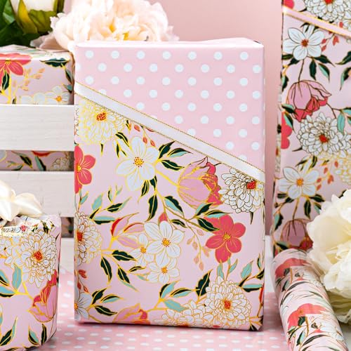 MAYPLUSS Pink Flower Wrapping Paper Roll, Gold Edge Design Floral Gift Wrap For Mothers Day, Wedding, Bridal Shower, Birthday, 17 Inch x 33 Feet - Image 3
