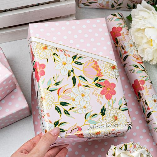MAYPLUSS Pink Flower Wrapping Paper Roll, Gold Edge Design Floral Gift Wrap For Mothers Day, Wedding, Bridal Shower, Birthday, 17 Inch x 33 Feet - Image 4