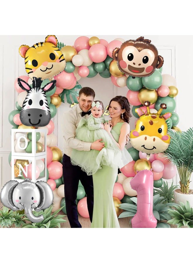 SNLN Wild One Birthday Decorations Jungle Theme 1st First Birthday Decorations Girl Huge Jungle Safari Animal Foil Balloons Pink Sage Green Balloon Arch Number 1 Balloon Leaves Boxes Wild One Decor - Image 3