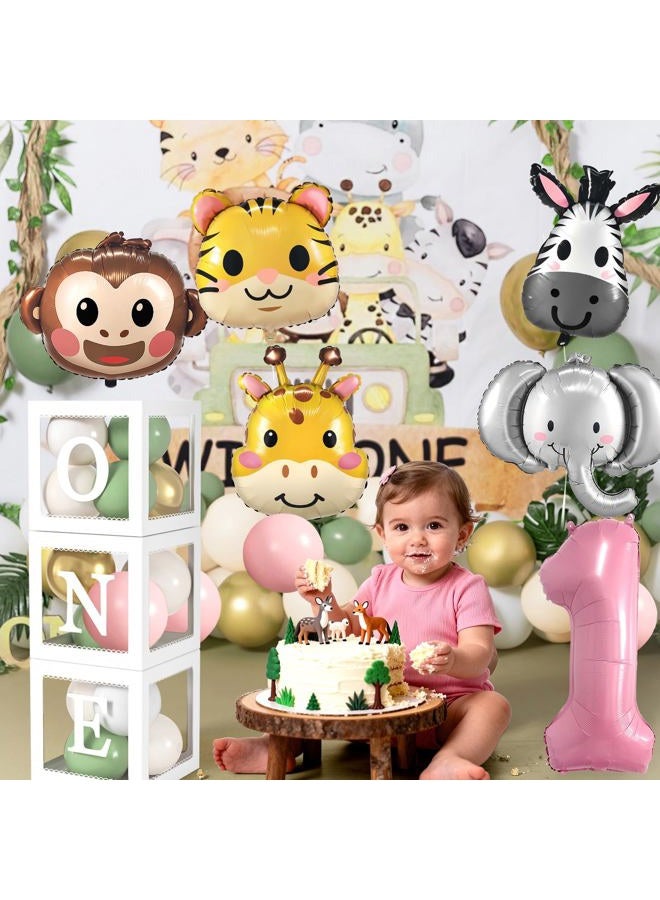 SNLN Wild One Birthday Decorations Jungle Theme 1st First Birthday Decorations Girl Huge Jungle Safari Animal Foil Balloons Pink Sage Green Balloon Arch Number 1 Balloon Leaves Boxes Wild One Decor - Image 5