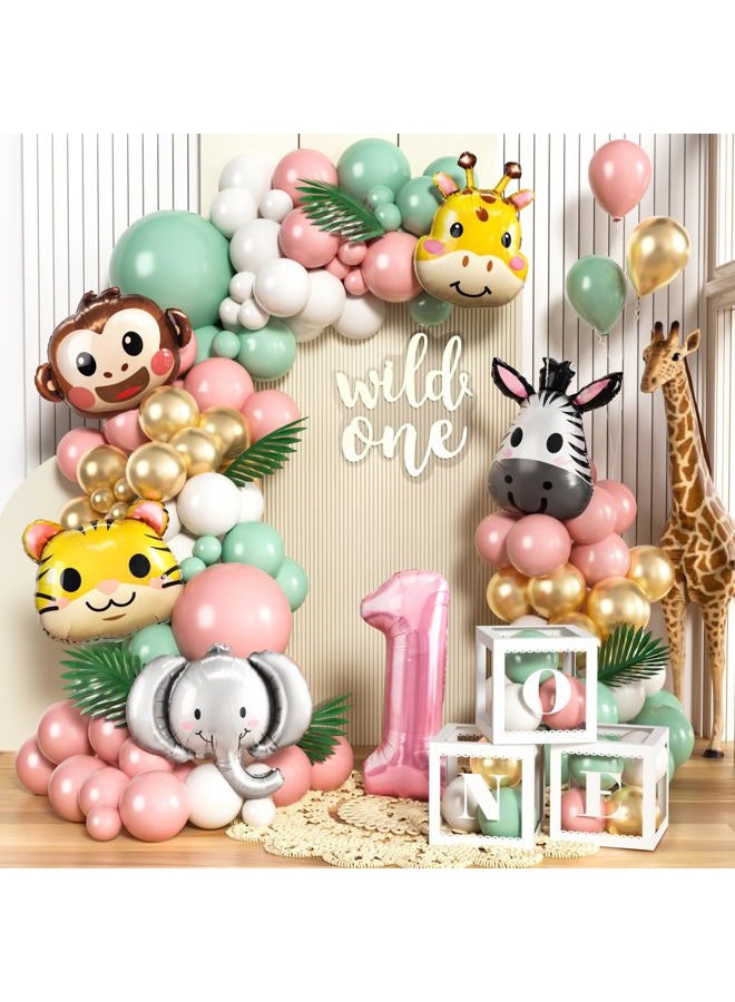 SNLN Wild One Birthday Decorations Jungle Theme 1st First Birthday Decorations Girl Huge Jungle Safari Animal Foil Balloons Pink Sage Green Balloon Arch Number 1 Balloon Leaves Boxes Wild One Decor - Image 1