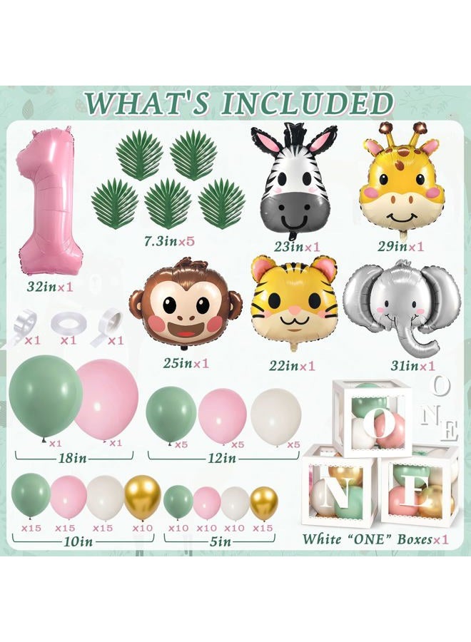 SNLN Wild One Birthday Decorations Jungle Theme 1st First Birthday Decorations Girl Huge Jungle Safari Animal Foil Balloons Pink Sage Green Balloon Arch Number 1 Balloon Leaves Boxes Wild One Decor - Image 2