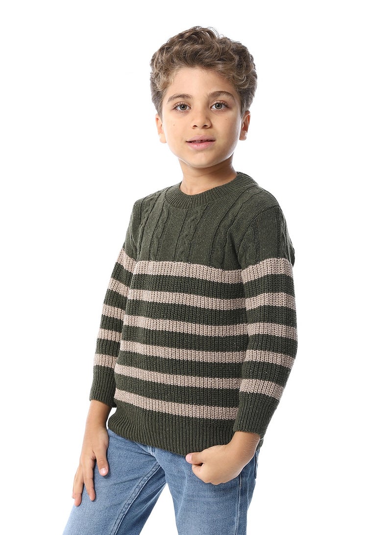 Andora Slip On Striped Boys Pullover_Beige & Army Green  - Image 2