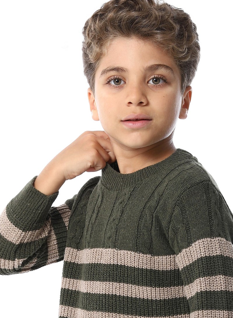 Andora Slip On Striped Boys Pullover_Beige & Army Green  - Image 4