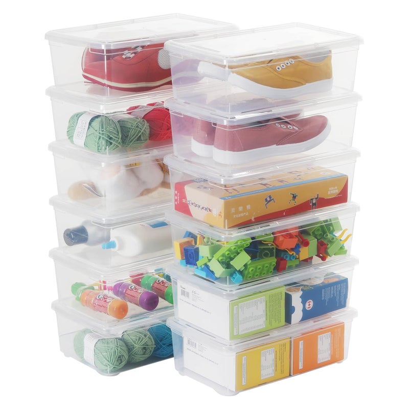 OMNISAFE Stackable Plastic Storage Shoebox, BPA-Free Nestable Container with Latching Lid to Organize Shoes, See-Through Box for Home and Office, Multi-Purpose Clear Bins (12 Pack 6 Quart) - Image 1