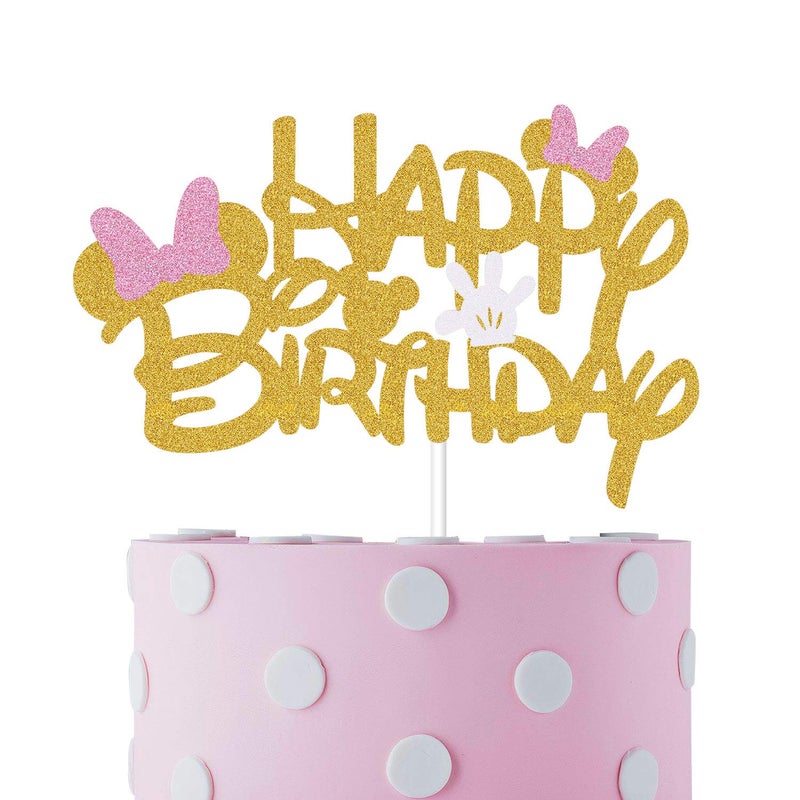MosBug Pink And Gold Glitter Minnie Inspired Happy Birthday Cake Topper with Pink Bows and White Gloves Girls Birthday Party Decorations Supplies - Image 3