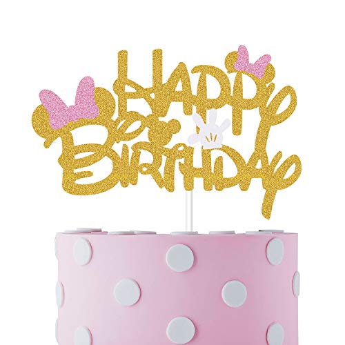 MosBug Pink And Gold Glitter Minnie Inspired Happy Birthday Cake Topper with Pink Bows and White Gloves Girls Birthday Party Decorations Supplies - Image 1