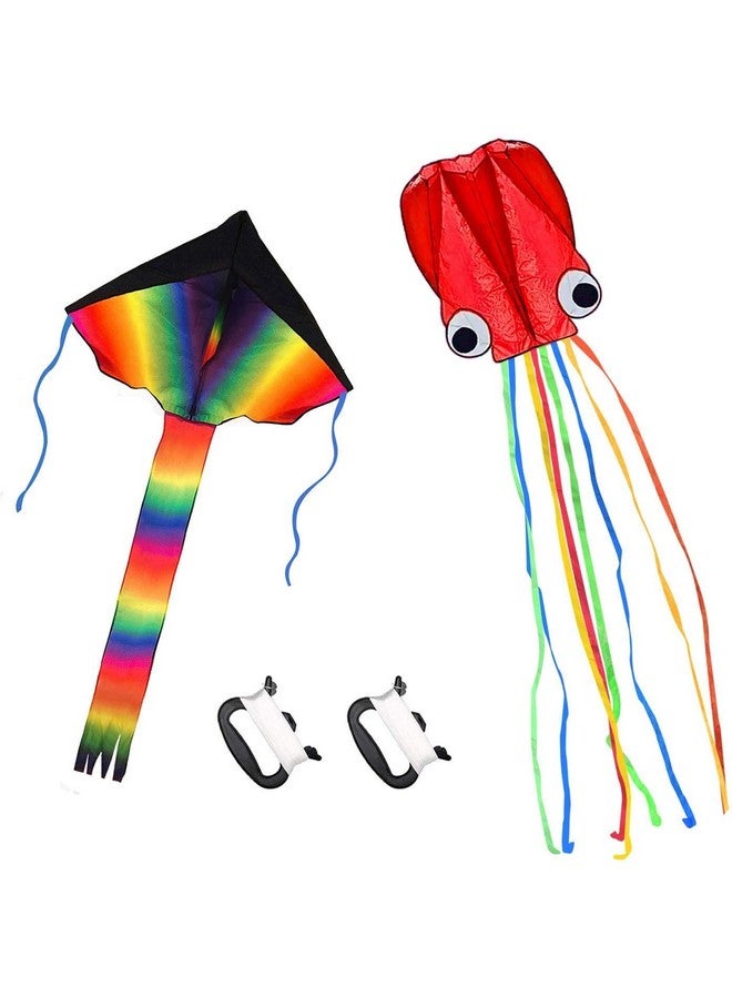 Listenman 2 Pack Kites Large Rainbow Kite And Red Mollusc Octopus With Long Colorful Tail For Children Outdoor Game,Activities,Beach Trip Great Gift To Kids Childhood Precious Memories - Image 1