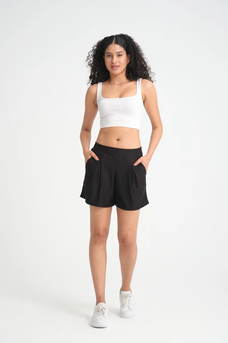 Twenty3 Women's Elastic Waist Pocket Pleated Short Comfortable Cut Crepe Shorts