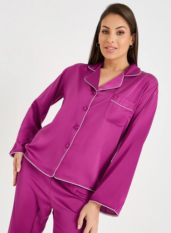 Styli Solid Piped Button Through Shirt & Pyjama Set