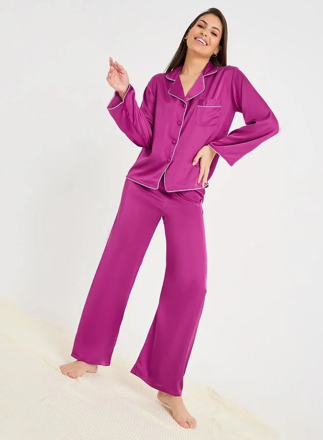 Styli Solid Piped Button Through Shirt & Pyjama Set