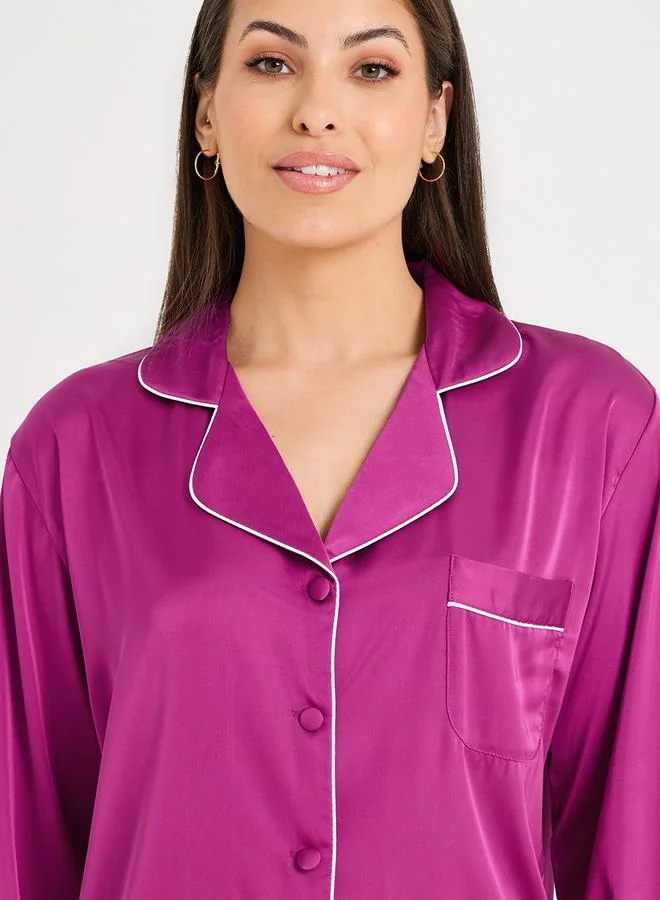 Styli Solid Piped Button Through Shirt & Pyjama Set