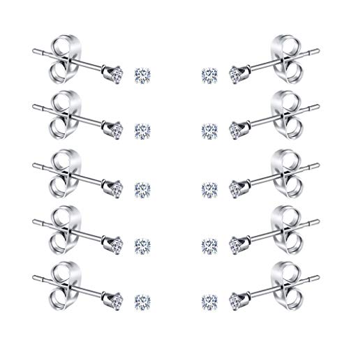 FOSIR 10 Pairs 2mm Tiny Women's Surgical Stainless Steel Clear Cubic Zirconia Stud Earrings, Hypoallergenic 316L Earrings Pack - Image 1