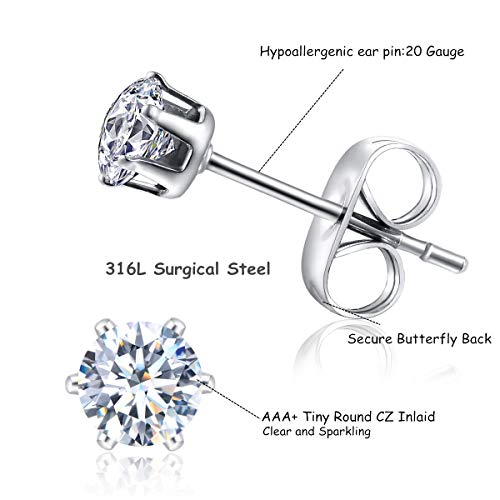 FOSIR 10 Pairs 2mm Tiny Women's Surgical Stainless Steel Clear Cubic Zirconia Stud Earrings, Hypoallergenic 316L Earrings Pack - Image 2