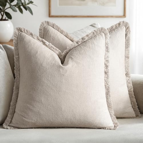 MIULEE Decorative Throw Pillow Covers Neutral Linen Fringe Throw Pillows Euro Shams Set of 2 Natural Beige Boho Farmhouse Cushion Covers for Couch Sofa Bed Living Room Spring Home Decor 22x22 Inch - Image 1