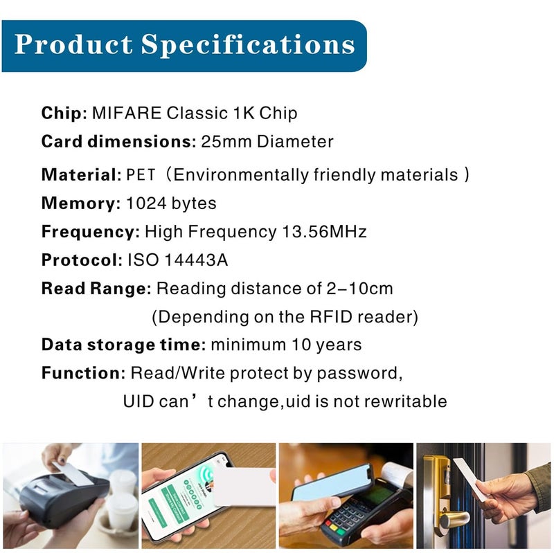 Timeskey NFC 100 قطعة ملصقات ميفير كلاسيك 1 ك NFC 13.56 ميجاهرتز ملصق RFID ISO 14443A ملصق RFID ميفير 1 ك S50 ملصق ميفير كلاسيك 1 ك ذاتي اللصق 1 بوصة دائري - Image 4