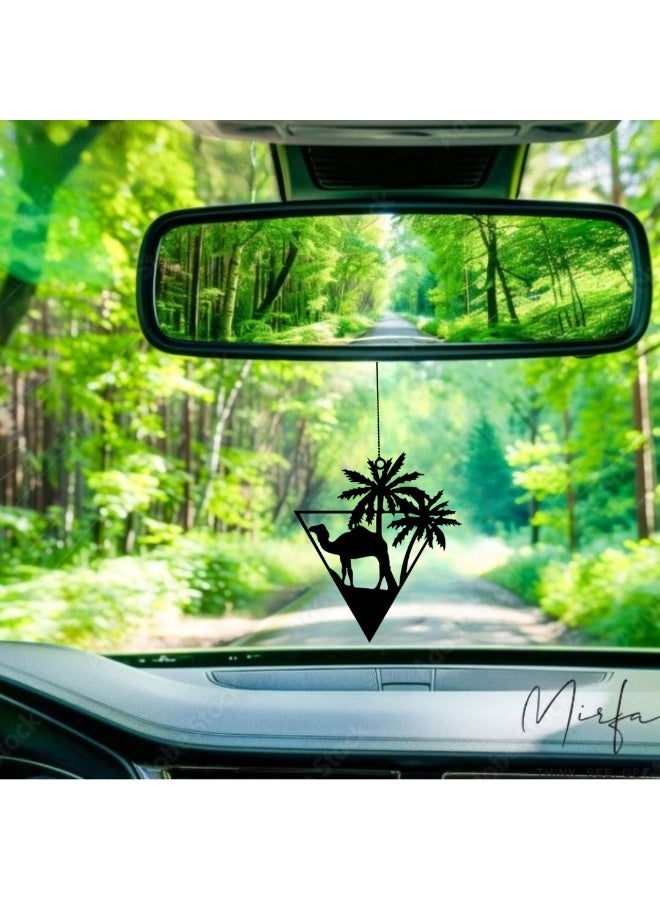 MIRFA Rearview Mirror Hanging Pendant - Wood - Black (Camel & Palm Trees in Triangular Frame) - Image 2