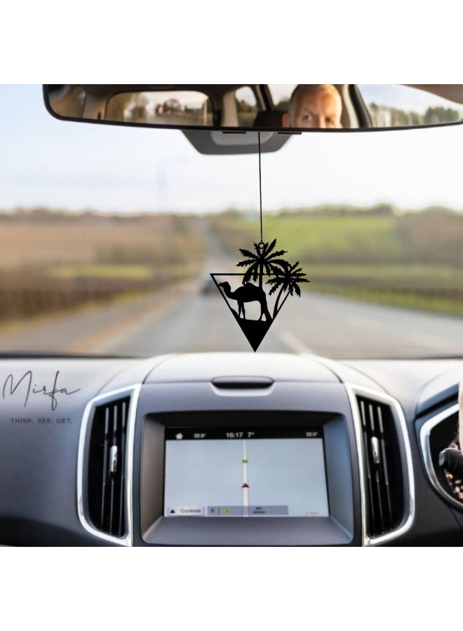 MIRFA Rearview Mirror Hanging Pendant - Wood - Black (Camel & Palm Trees in Triangular Frame) - Image 1