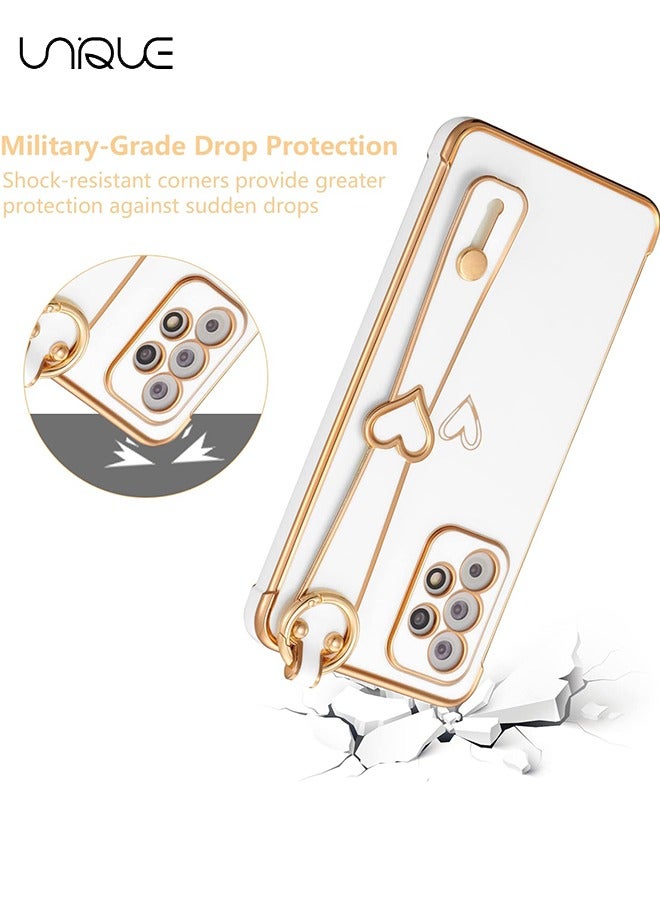 يونيك متوافق مع سامسونج غالاكسي A53 5G القضية مع مسند، الفاخرة لطيف تصفيح حافة الحب قلوب نمط المعصم حزام حامل الاصبع للبنات النساء، لينة صدمات غطاء لجالاكسي A53 6.5 بوصة، أبيض - Image 2