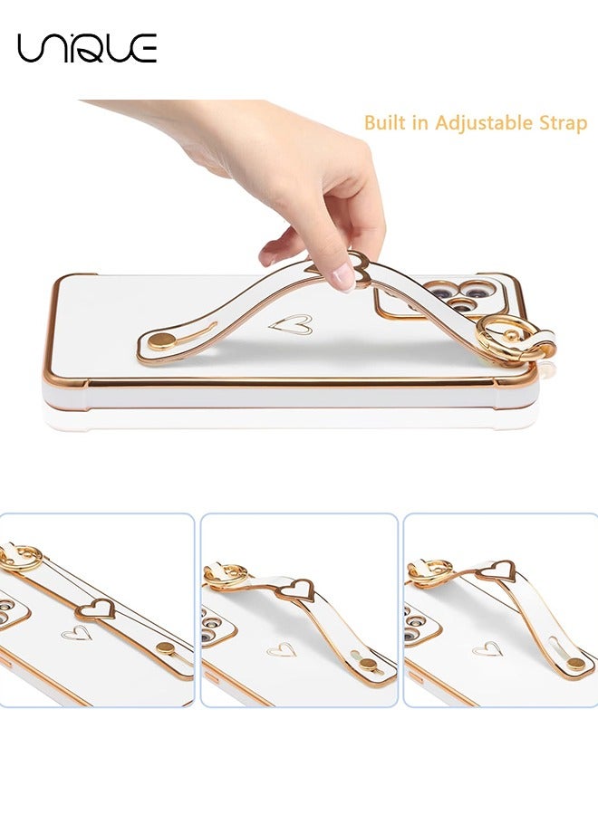 يونيك متوافق مع سامسونج غالاكسي A53 5G القضية مع مسند، الفاخرة لطيف تصفيح حافة الحب قلوب نمط المعصم حزام حامل الاصبع للبنات النساء، لينة صدمات غطاء لجالاكسي A53 6.5 بوصة، أبيض - Image 3