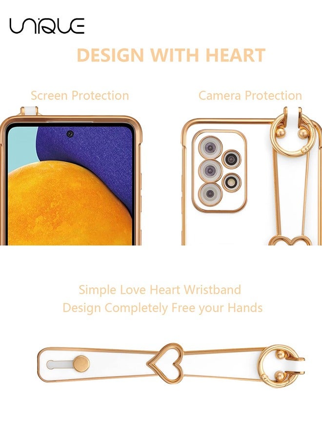 يونيك متوافق مع سامسونج غالاكسي A53 5G القضية مع مسند، الفاخرة لطيف تصفيح حافة الحب قلوب نمط المعصم حزام حامل الاصبع للبنات النساء، لينة صدمات غطاء لجالاكسي A53 6.5 بوصة، أبيض - Image 4