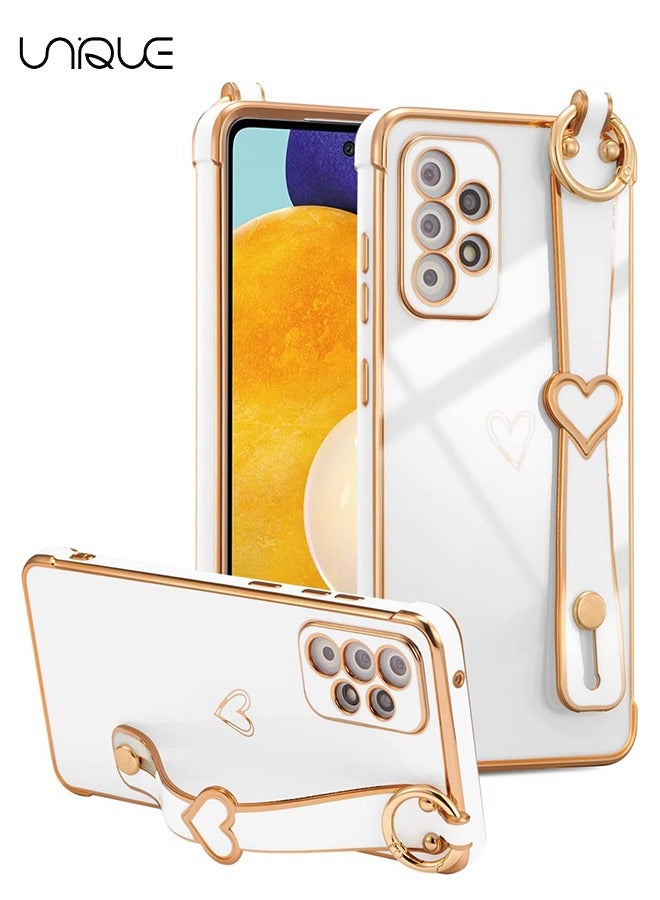 يونيك متوافق مع سامسونج غالاكسي A53 5G القضية مع مسند، الفاخرة لطيف تصفيح حافة الحب قلوب نمط المعصم حزام حامل الاصبع للبنات النساء، لينة صدمات غطاء لجالاكسي A53 6.5 بوصة، أبيض - Image 1