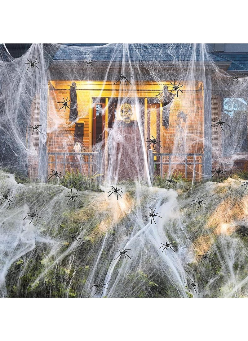 AUTOYSUR Stretchy Spider Web Decorations with 100 Extra Fake Spiders,1000 sqft Spooky Stretchy Cobwebs for Home Yard Indoor Outdoor Party Yard Haunted House (White)  - Image 1