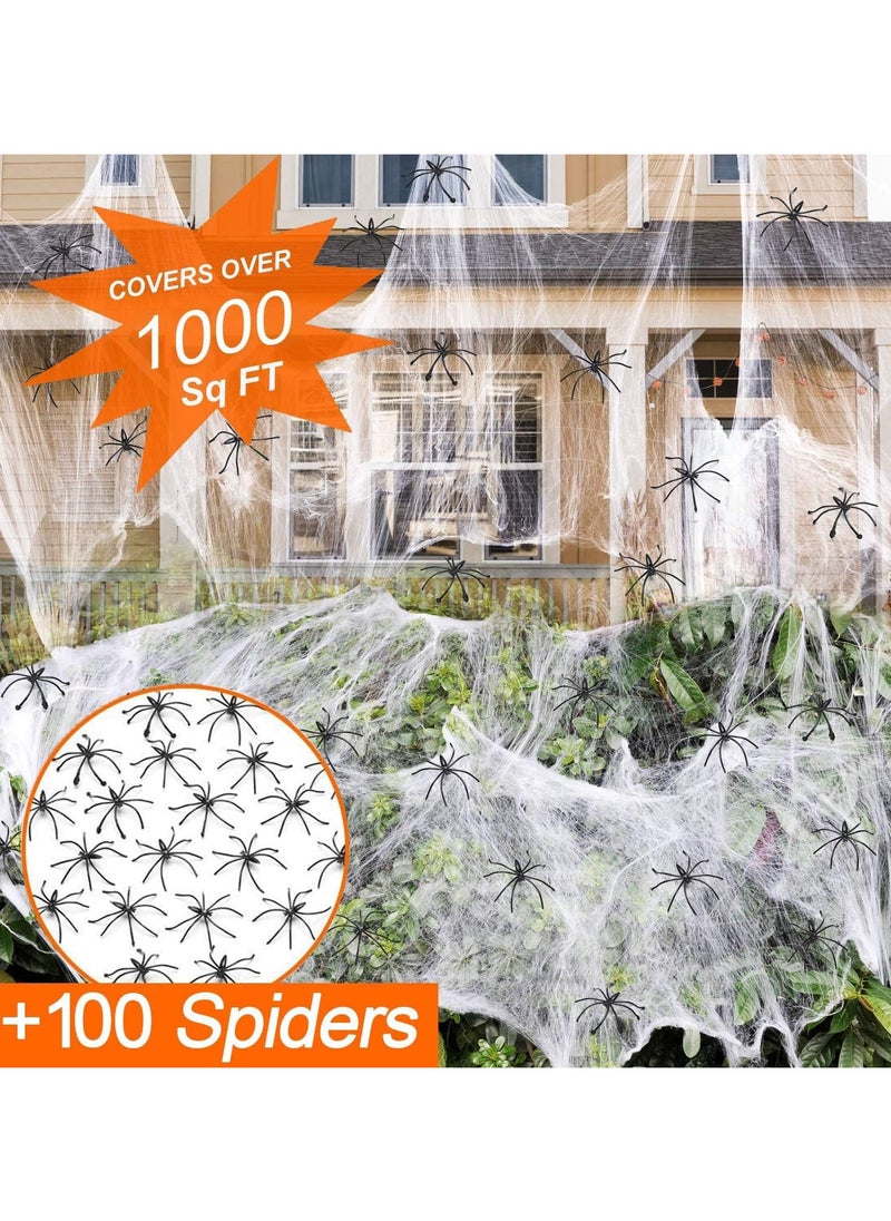 AUTOYSUR Stretchy Spider Web Decorations with 100 Extra Fake Spiders,1000 sqft Spooky Stretchy Cobwebs for Home Yard Indoor Outdoor Party Yard Haunted House (White)  - Image 5