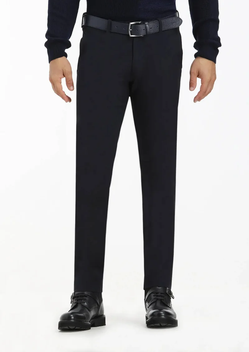RAMSEY Navy Blue Weaving Slim Fit Casual Cotton Blended Trousers
