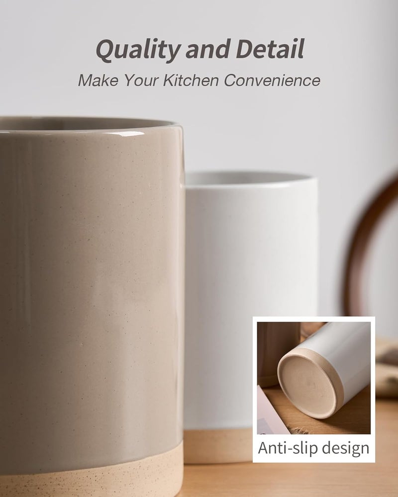 famiware Milkyway Kitchen Utensil Holder Set of 2 - Ceramic Cooking Utensil Crocks in Cinnamon Brown and White - Image 5