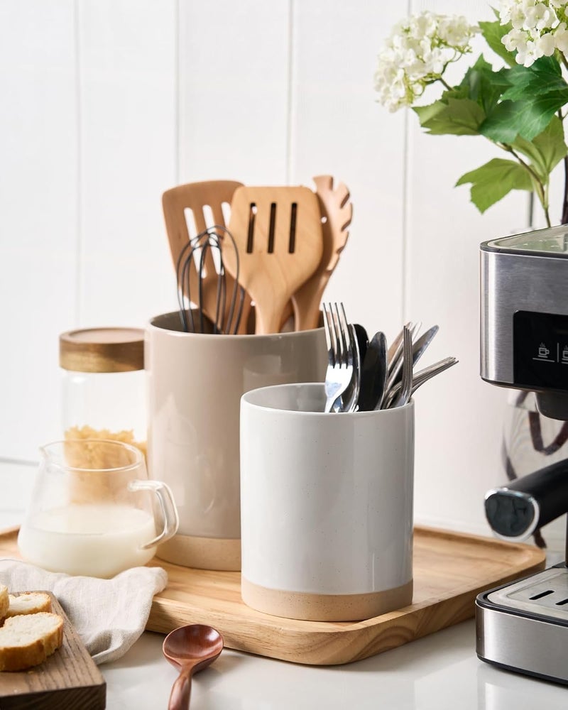 famiware Milkyway Kitchen Utensil Holder Set of 2 - Ceramic Cooking Utensil Crocks in Cinnamon Brown and White - Image 2