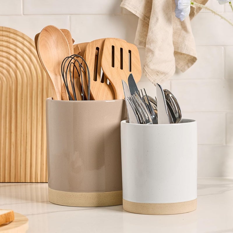famiware Milkyway Kitchen Utensil Holder Set of 2 - Ceramic Cooking Utensil Crocks in Cinnamon Brown and White - Image 1