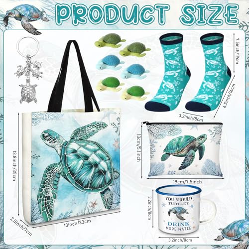 Yeyeplum Sea Turtle Lover Gifts for Women Birthday Gifts Baskets Set Include Canvas Tote Bag Makeup Bag Socks Keychain Enamel Mug Small Figurines for Mom Wife Sister Friend - Image 3