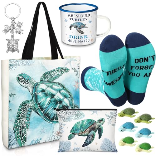 Yeyeplum Sea Turtle Lover Gifts for Women Birthday Gifts Baskets Set Include Canvas Tote Bag Makeup Bag Socks Keychain Enamel Mug Small Figurines for Mom Wife Sister Friend - Image 1