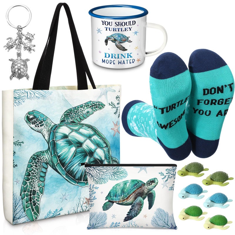Yeyeplum Sea Turtle Lover Gifts for Women Birthday Gifts Baskets Set Include Canvas Tote Bag Makeup Bag Socks Keychain Enamel Mug Small Figurines for Mom Wife Sister Friend - Image 2