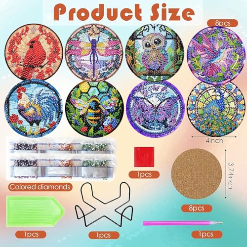 ijbnhd 8 Pack Diamond Art Coasters Kits, Animals Diamond Painting Coasters Kit, Animals Diamonds Art Non Slip Coaster Crafts Kits for Adults Gifts 4x4 inch (Cork Wooden Pad) - Image 3