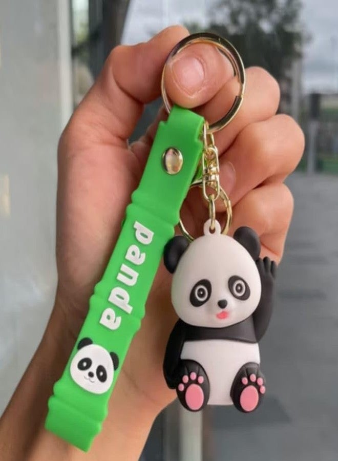 AEROSTARK Cute Panda Keychain Waving Hand - Soft Silicone Animal Keyring with Green Strap | Cartoon Bag Charm for Girls, Boys, Kids, Backpack, Car, Zipper Pull | Fun Gift Accessory - Image 2