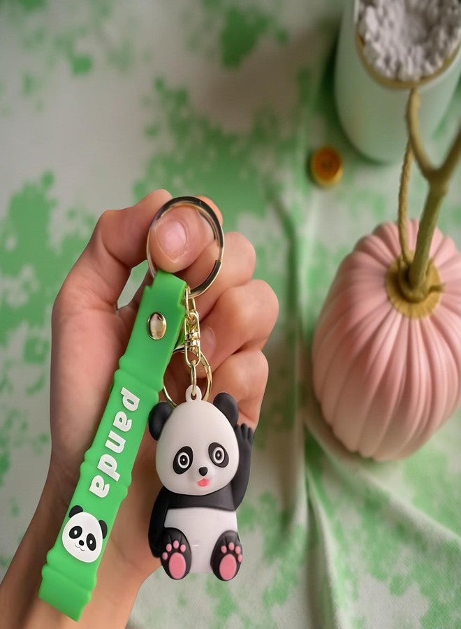 AEROSTARK Cute Panda Keychain Waving Hand - Soft Silicone Animal Keyring with Green Strap | Cartoon Bag Charm for Girls, Boys, Kids, Backpack, Car, Zipper Pull | Fun Gift Accessory - Image 1