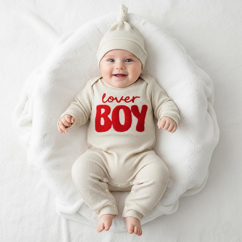 Amnnchya Newborn Boy Valentines Outfit Baby Lover One Piece Romper Waffle Long Sleeve Jumpsuit Coming Home Spring Clothes (Beige, 1-3 Months) - Image 3