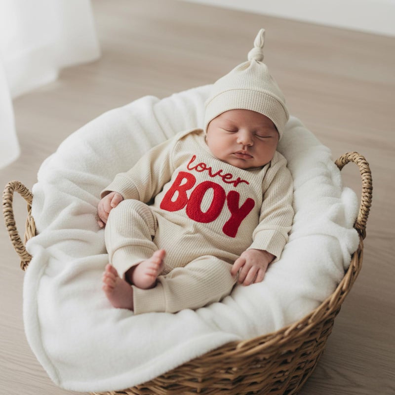 Amnnchya Newborn Boy Valentines Outfit Baby Lover One Piece Romper Waffle Long Sleeve Jumpsuit Coming Home Spring Clothes (Beige, 1-3 Months) - Image 2