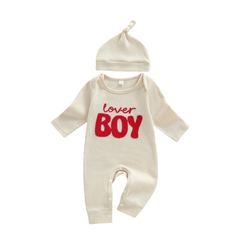 Amnnchya Newborn Boy Valentines Outfit Baby Lover One Piece Romper Waffle Long Sleeve Jumpsuit Coming Home Spring Clothes (Beige, 1-3 Months) - Image 1