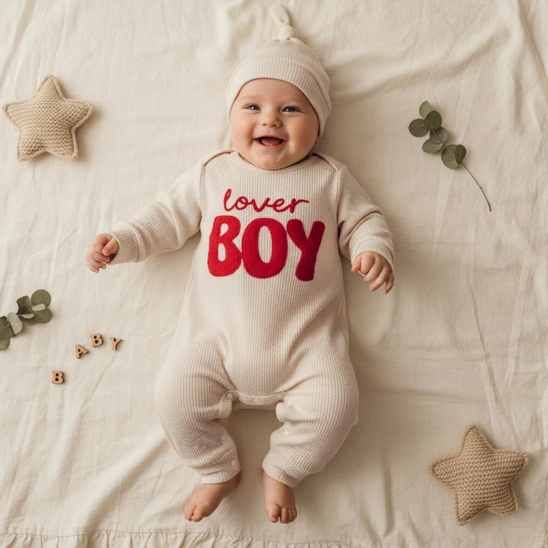 Amnnchya Newborn Boy Valentines Outfit Baby Lover One Piece Romper Waffle Long Sleeve Jumpsuit Coming Home Spring Clothes (Beige, 1-3 Months) - Image 4