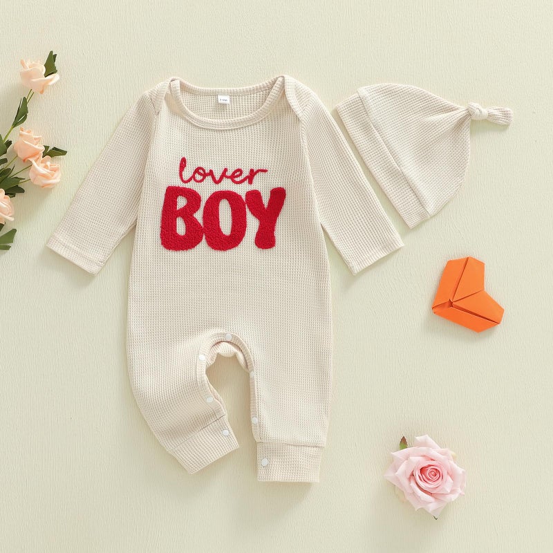 Amnnchya Newborn Boy Valentines Outfit Baby Lover One Piece Romper Waffle Long Sleeve Jumpsuit Coming Home Spring Clothes (Beige, 1-3 Months) - Image 5