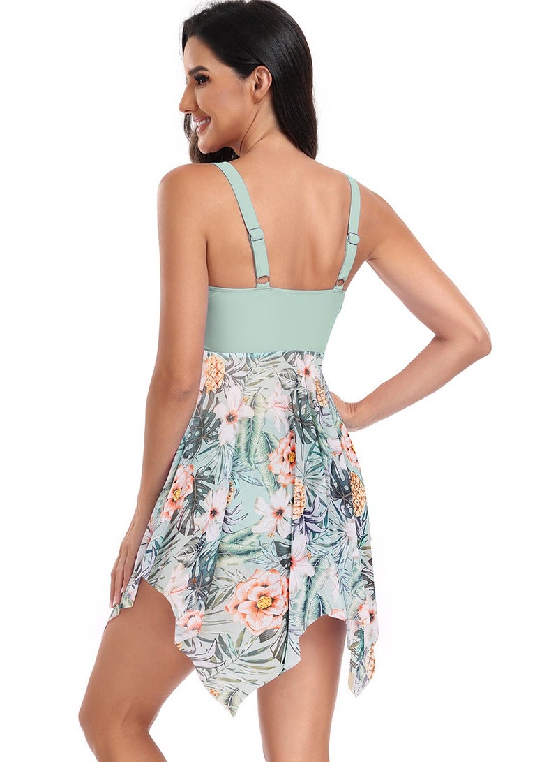 Womens 2 Peice Set Swimsuits Wide Straps Slip Swim Dress And Boxer Brief Bottom Swimwear Bathing Suits Pale Green Floral Print  - Image 2