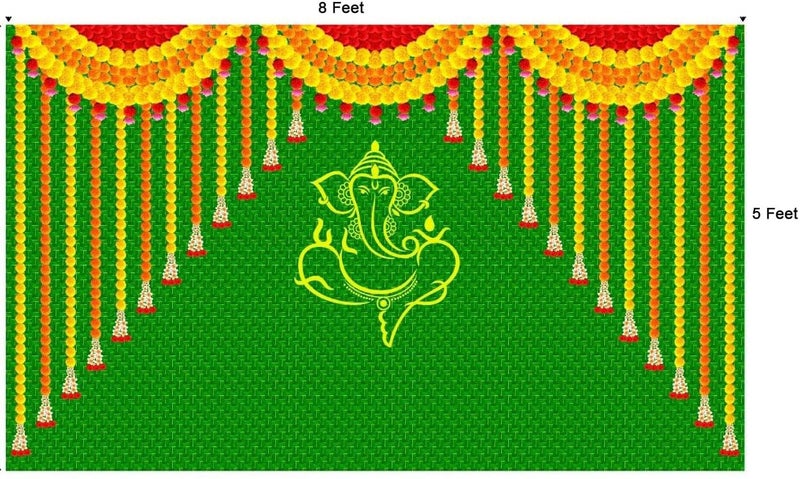 bague Green Banana Leaf Backdrop Cloth for Pooja Decoration Traditional, Background Decoration Cloth for Pooja Background, Curtain Cloth for Festival Fabric 8x5 Feet (Matty Ganesh Addu) - Image 2