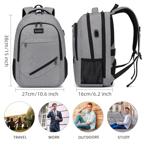 Asenlin Travel Laptop Backpack for Women MenWater Resistant Business Slim Sturdy Laptops Backpack with USB Charging PortFits 156 Inch Notebook College School Computer BagGrey - Image 3